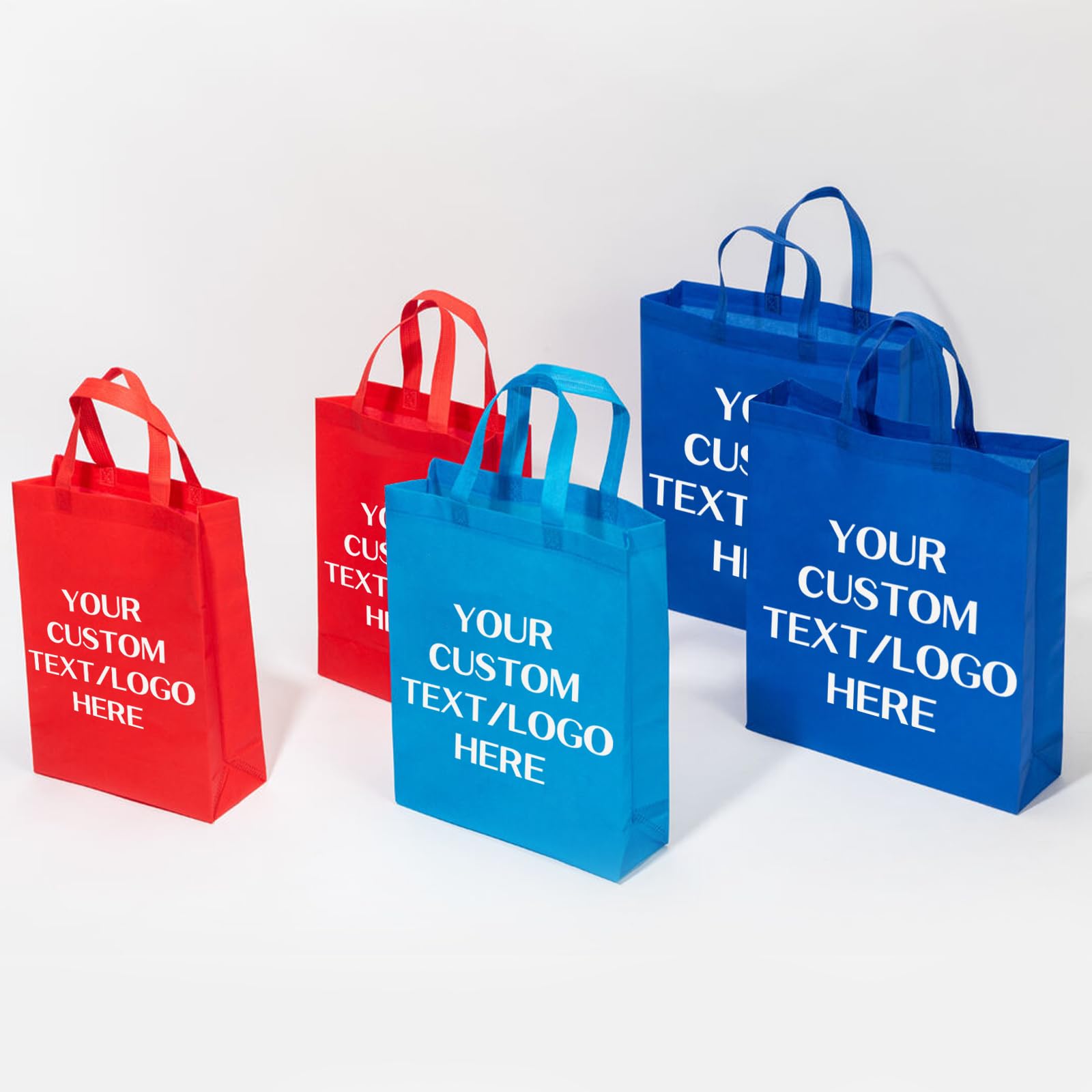 Custom Printed Non-Woven Reusable Tote Bags - Bulk 100 Pack with Logo/Text Options in 4 Sizes - Heavy Duty Shopping Bags for Groceries, Events & Promotions