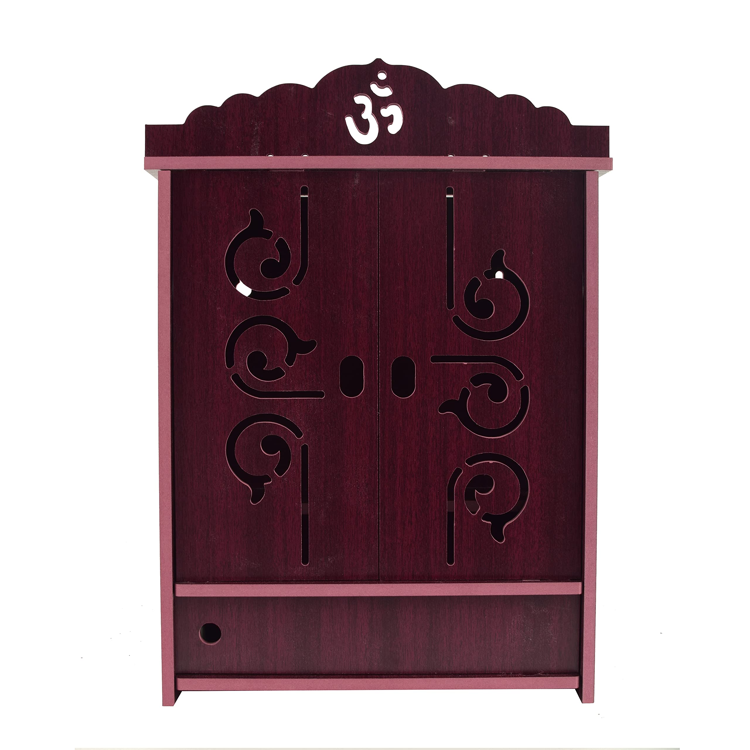 Handmade Wooden Home Temple with Doors & Storage Box - Maroon Religious Altar for Prayer, Meditation & Home Decor