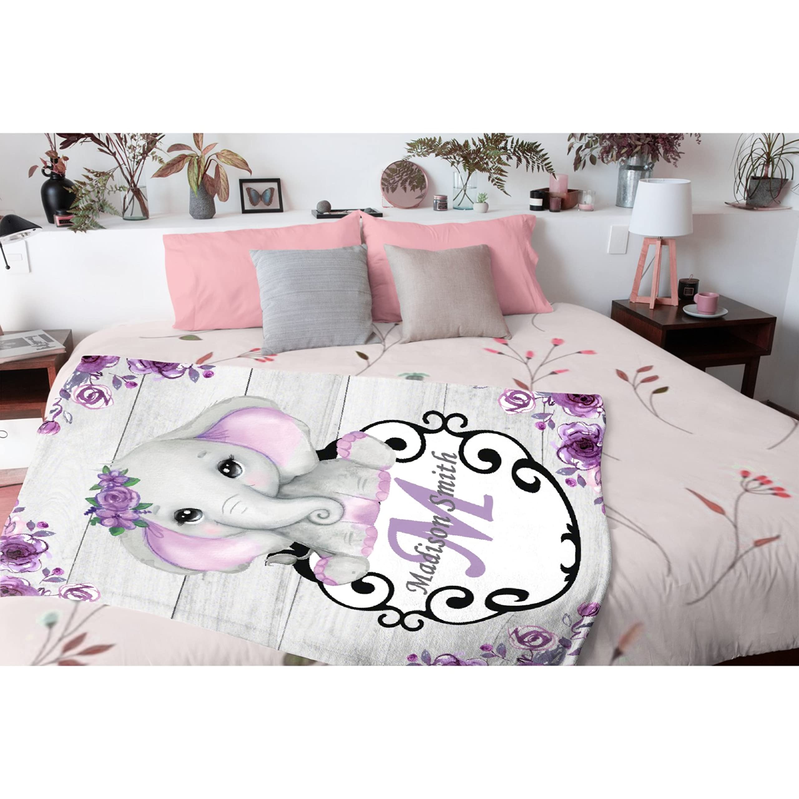 Personalized Custom Baby Blanket with Name - Purple Floral Elephant Fleece Blanket for Girls & Boys | Soft 120