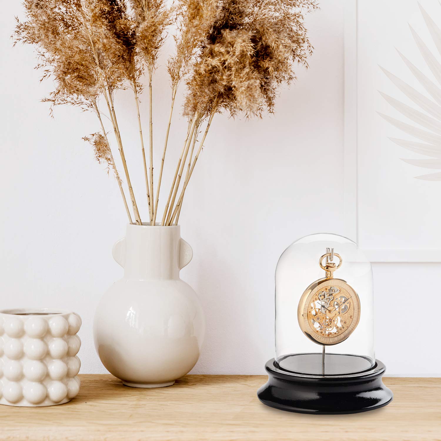Selva C324766 Real Glass Dome with Hooks - Dust-Free Display Case for Pocket Watches on Wooden Base with Black Piano Lacquer Finish (68mm Inner Diameter) - Perfect for Collectors, Antique Preservation & Home Decor