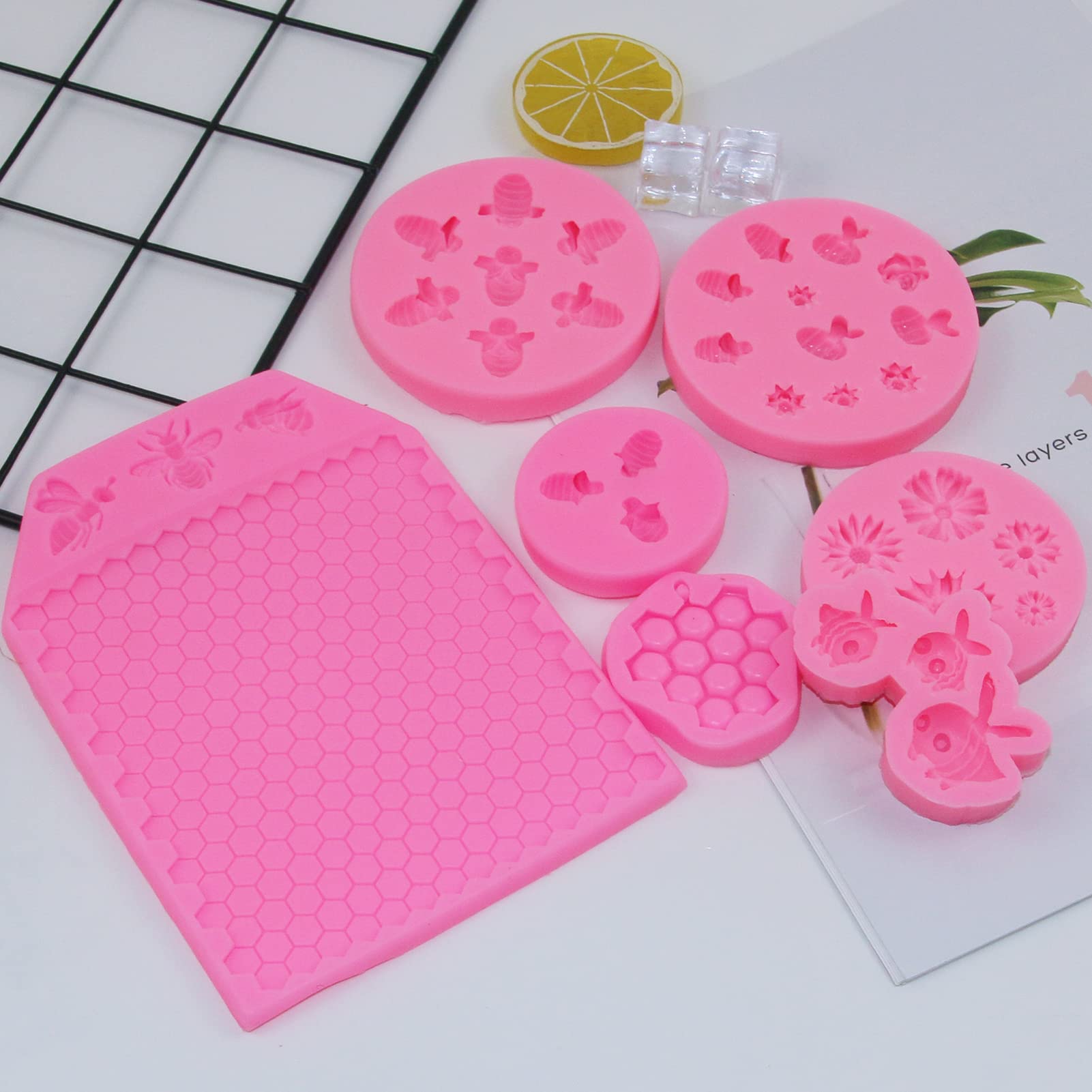 7-Piece Bee Silicone Mold Set - Honeycomb, Sunflower & Beehive Cake Decorating Molds for Fondant, Chocolate & Candy Making - Perfect for Birthday Cakes, Cupcake Toppers, and DIY Baking Projects