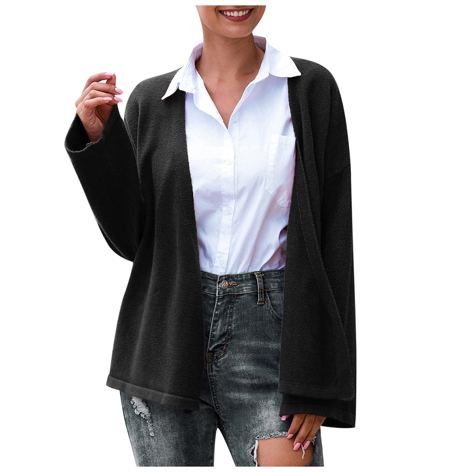 Women's Button Down Knit Cardigan Sweater - Thin Wool Coat Loose Fit Long Open Front Cardigan for Women - Black - Perfect for Winter Layering, Office Wear & Casual Outfits