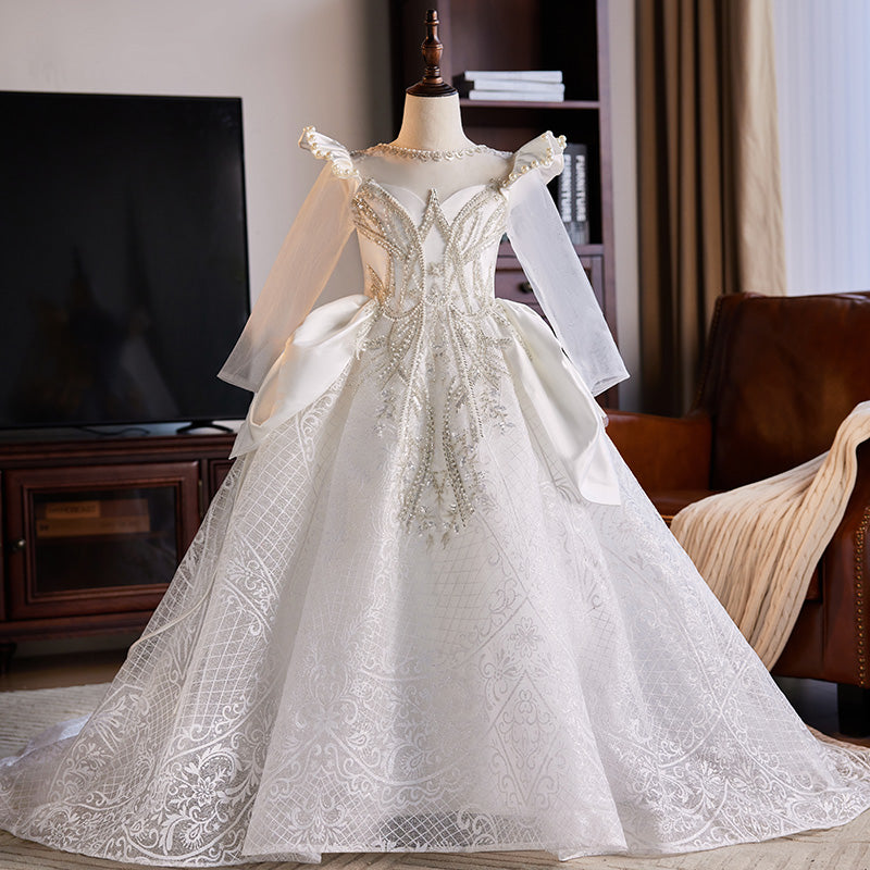 Elegant Flower Girl Dress for Kids - Beaded Baptism & Birthday Party Gown with Train | Perfect for Weddings, Christenings & Special Occasions