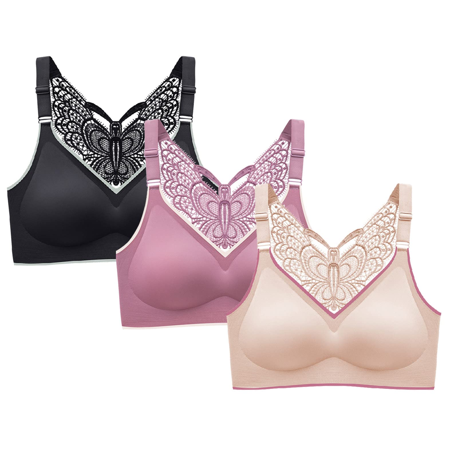 Plus Size Seamless Padded Sports Bra for Women - 3 Pack Wirefree Push Up Lace Bralette with Butterfly Back Design | Perfect for Yoga, Gym Workouts & Everyday Comfort