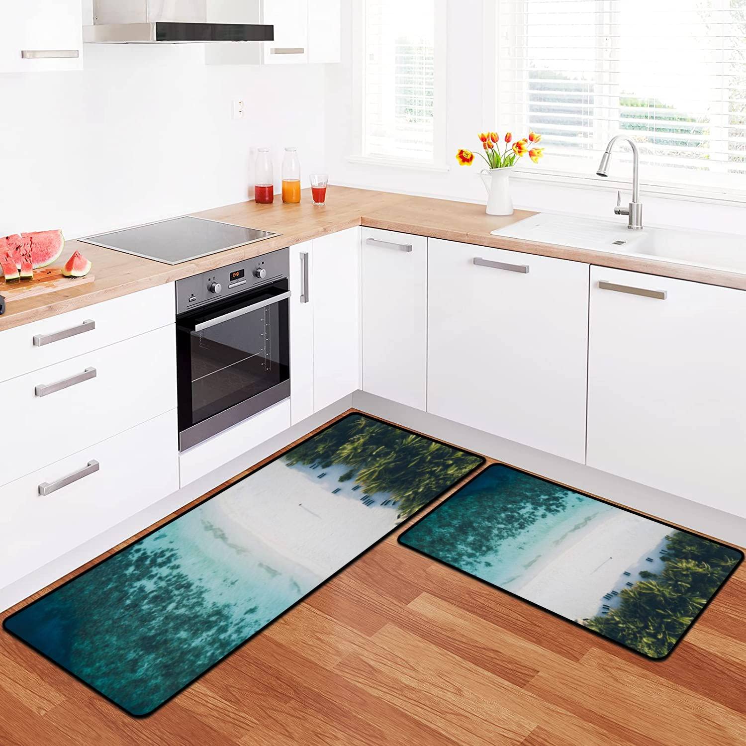 Non-Slip Washable Kitchen Rugs Set - Maldives Island Aerial View Design Floor Mat, Runner & Doormat for Comfortable Standing - Perfect for Kitchen, Bathroom & Entryway Decor