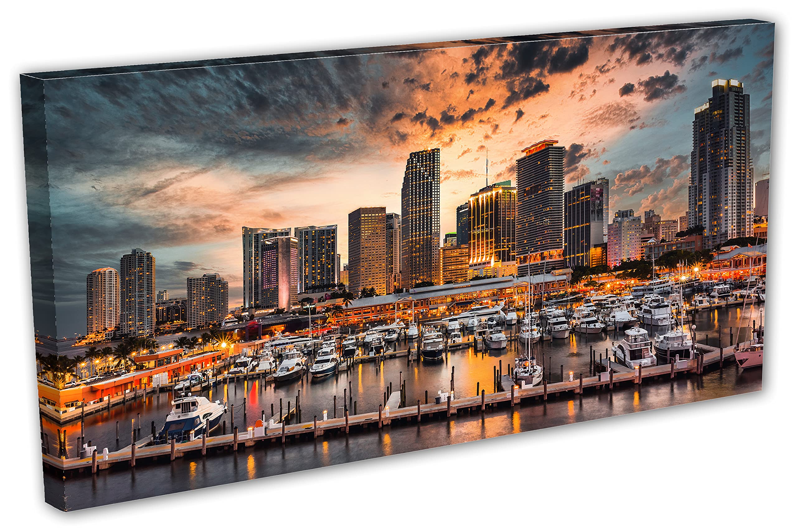 48x24 Miami Skyline Canvas Print - Stunning Glowing Sunset Panoramic Wall Art for Living Room, Bedroom & Office Decor