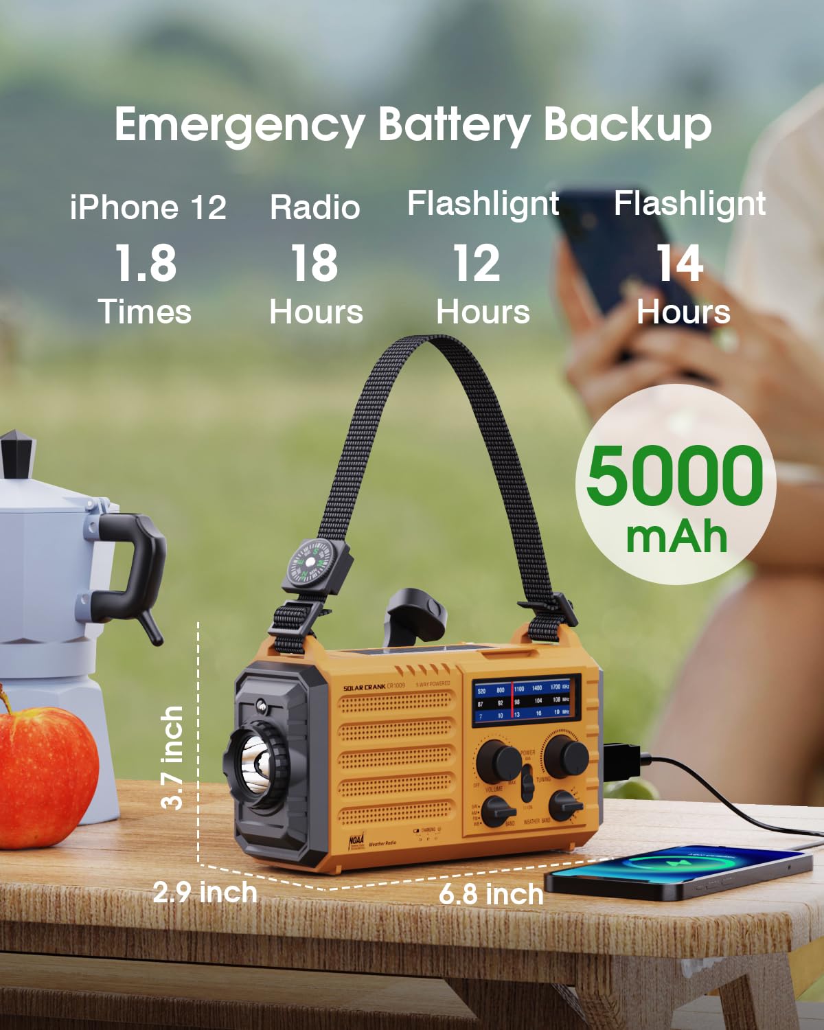 NOAA Emergency Weather Radio - Solar, Hand Crank, 5-Way Powered AM/FM/SW Portable Radio with 18500mWh Power Bank, LED Flashlight & SOS Alarm (Yellow) - Perfect for Camping, Hiking, and Emergency Preparedness