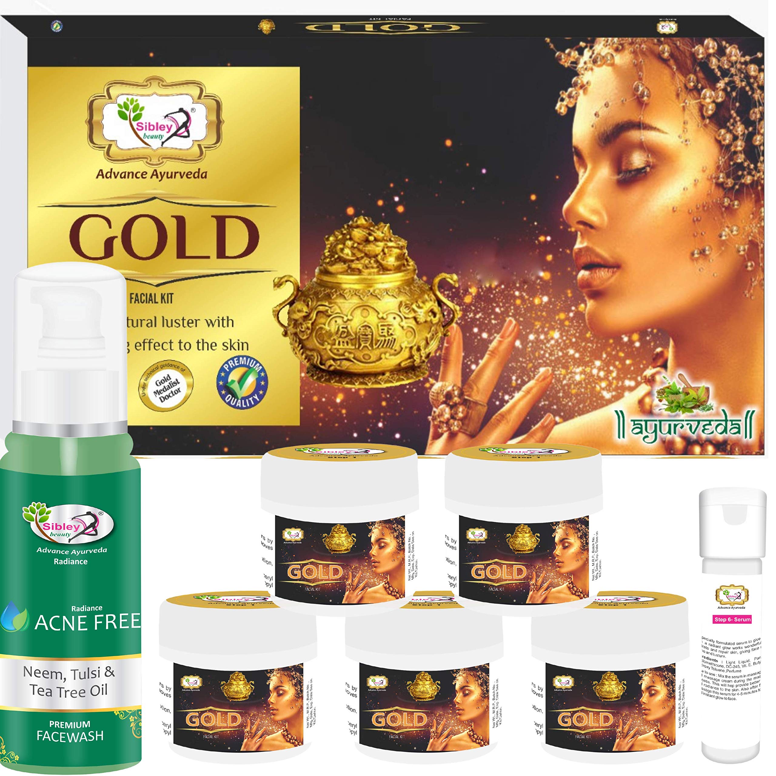 Sibley Beauty Gold Kesar Facial Kit (155g + 10ml Serum) & Neem Tulsi Tea Tree Oil Acne Face Wash (100ml) - 6-Pack Skincare Set for Men & Women - Deep Cleansing, Brightening & Acne Treatment - Perfect for Oily, Dry & Normal Skin Types - Daily Facial Care Routine & Spa-Like Treatment at Home