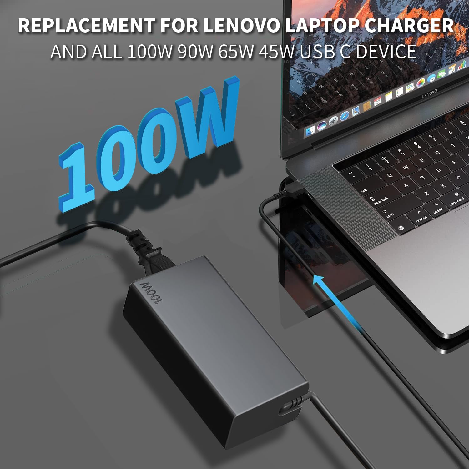 100W USB C Fast Charger for Lenovo Yoga Slim 9/9i/7i, Legion Y9000/R9000/R7000P, ThinkBook 14/16, Neo 14 - Compatible with ADL100YCC3A, ADL100YDC3A, ADL100YLC3A, ADLX65YDC2A - Laptop Power Adapter with USB Type-C - Perfect for Home, Office & Travel Charging