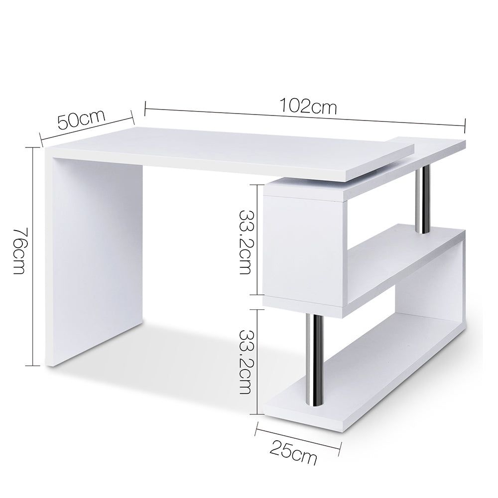 Modern White Rotary Corner Desk with Bookshelf - Space-Saving Home Office Furniture for Small Rooms & Apartments