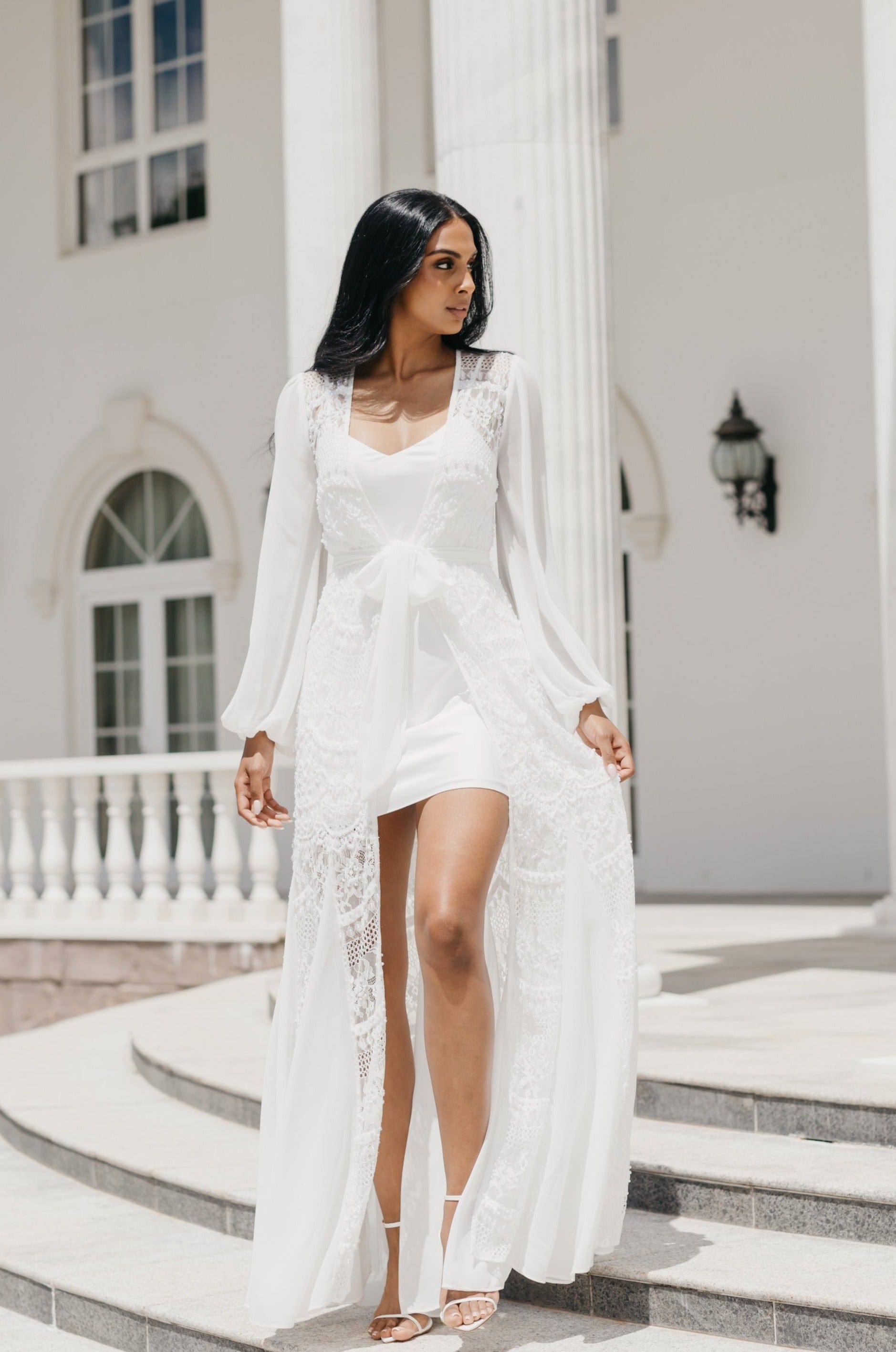 Elegant Hand-Beaded Pearl Maxi Bridal Robe with Slip - Perfect for Wedding, Bridal Shower & Honeymoon Getaway