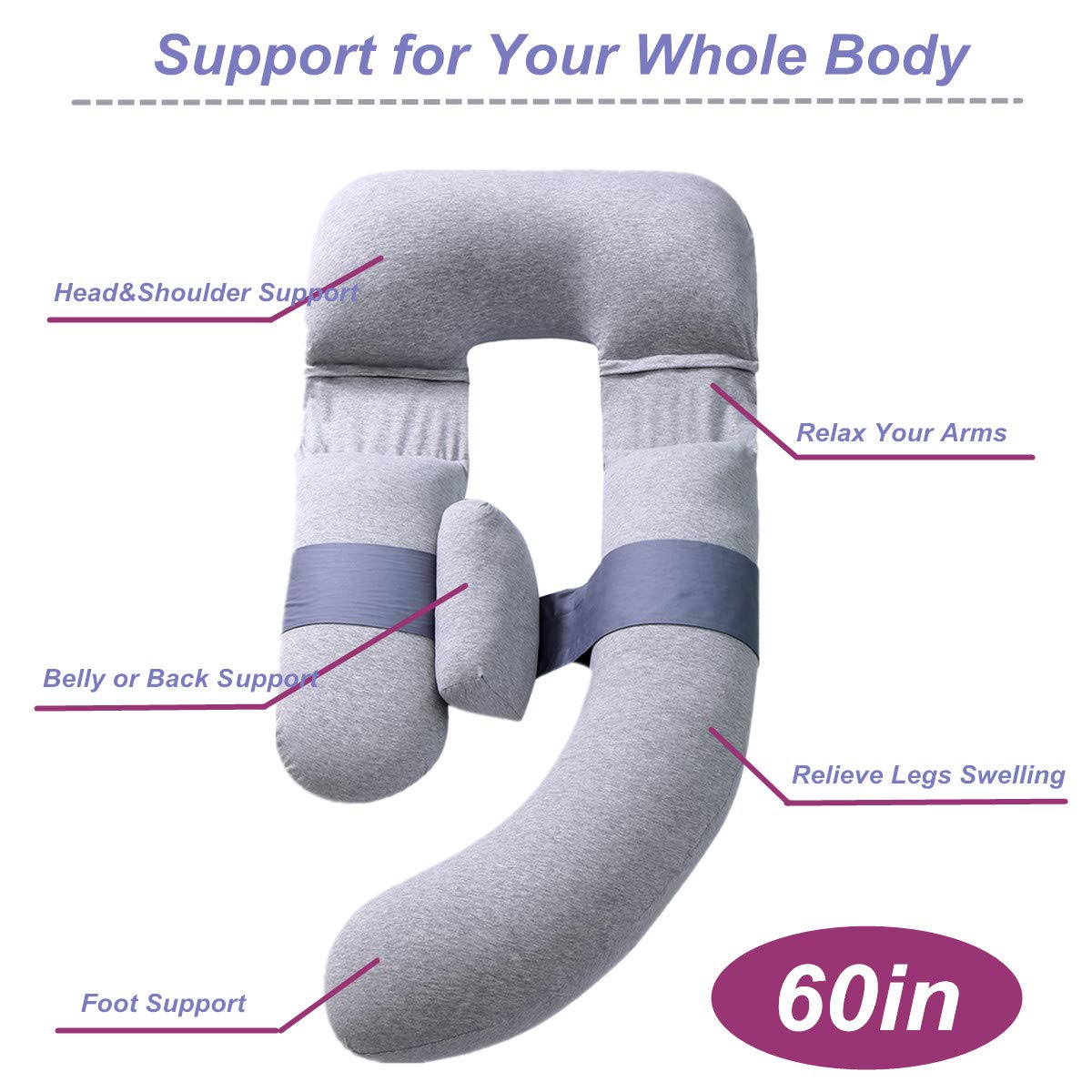 MOON PINE 60 Inch Pregnancy Pillow for Maternity Support - Detachable U-Shaped Full Body Pillow for Pregnant Women, Grey & Blue Velvet & Jersey Cover - Perfect for Side Sleeping, Back Pain Relief and Comfortable Pregnancy Sleep