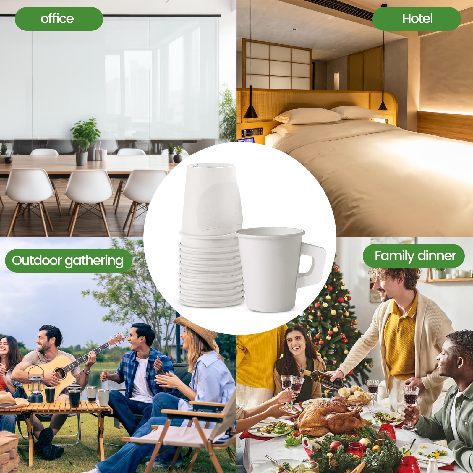 Jippedea 8 Oz Disposable Coffee Cups with Handles - 50 Pack Eco-Friendly Paper Cups for Hot Beverages, Ideal for Hotels, Motels, Home Cafes, Bistros, and Parties - Perfect for Serving Tea, Coffee, and Hot Chocolate at Events or Daily Use