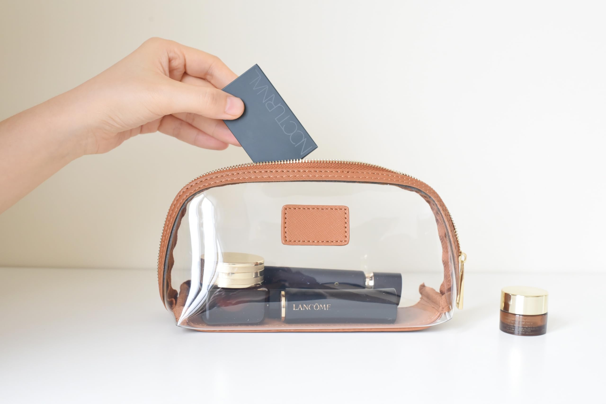 Clear Leather Makeup Bag - Waterproof Travel Toiletry Case & Portable Cosmetic Organizer (Brown, Small) | Perfect for Travel, Gym, and Daily Beauty Storage