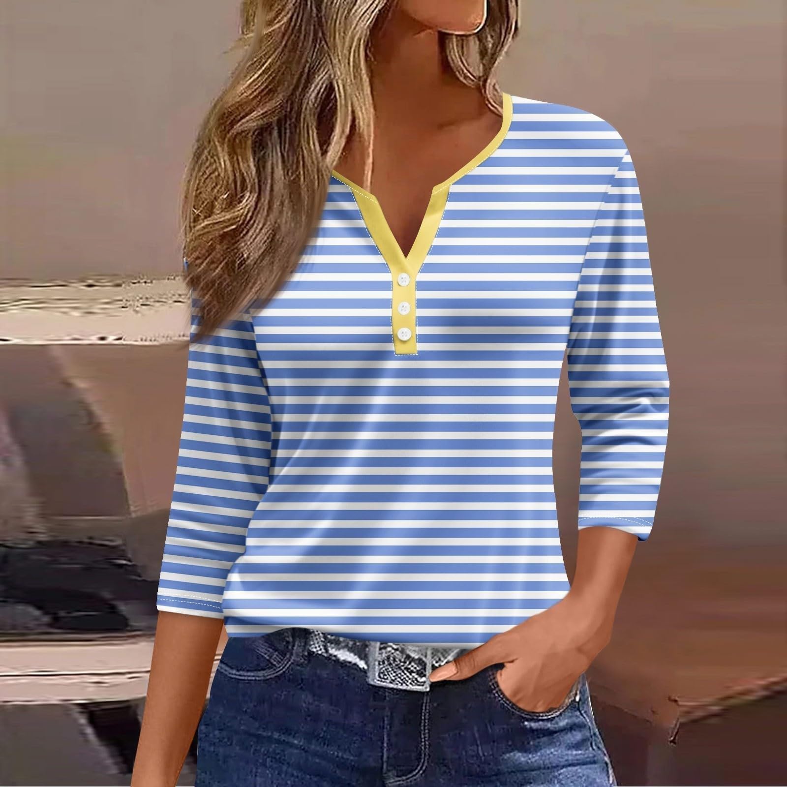 Women's 3/4 Sleeve V-Neck Button Down T-Shirt - Summer Casual Henley Blouse for Work & Weekend | Trendy Dressy Top for Office, Date Night & Outdoor Activities