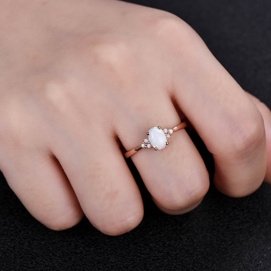 14K/18K Oval Opal Engagement Ring - Elegant Cluster Opal Oval Cut Ring for Women | Perfect for Weddings, Proposals & Anniversary Gifts