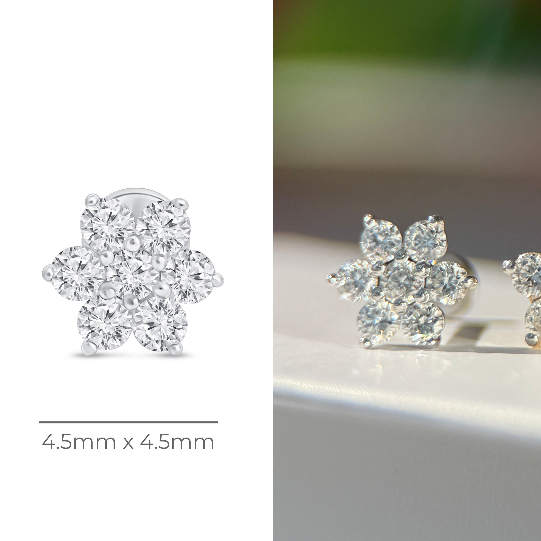 14k White Gold Seven Diamond Flower Flat Back Stud Earrings - Elegant & Dainty Jewelry for Women, Perfect for Weddings, Parties & Everyday Wear