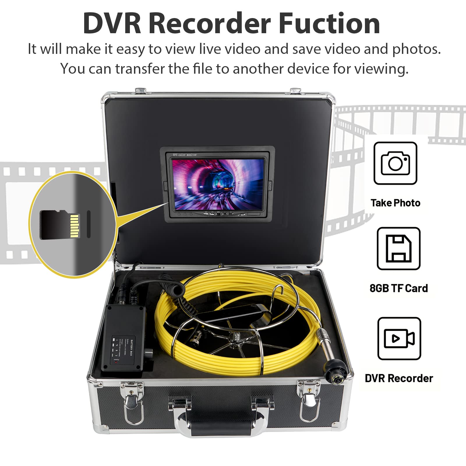 7 Inch Waterproof IP68 Sewer Inspection Camera with 100ft/30m Cable, DVR Recorder & Distance Mark - Industrial Endoscope for Drain Pipe, Plumbing Snake & Pipeline Maintenance (Ideal for Home DIY, Professional Plumbing & Sewer Line Inspection)