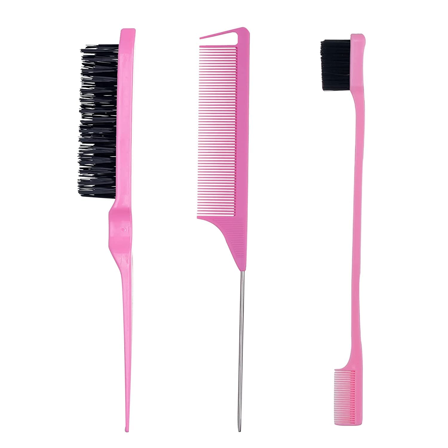 3-Piece Hair Styling Comb Set - Teasing Brush, Rat Tail Comb & Edge Brush for Smoothing, Styling & Detangling - Perfect for Women's Hair Care, Salon Styling & Home Use (Pink)
