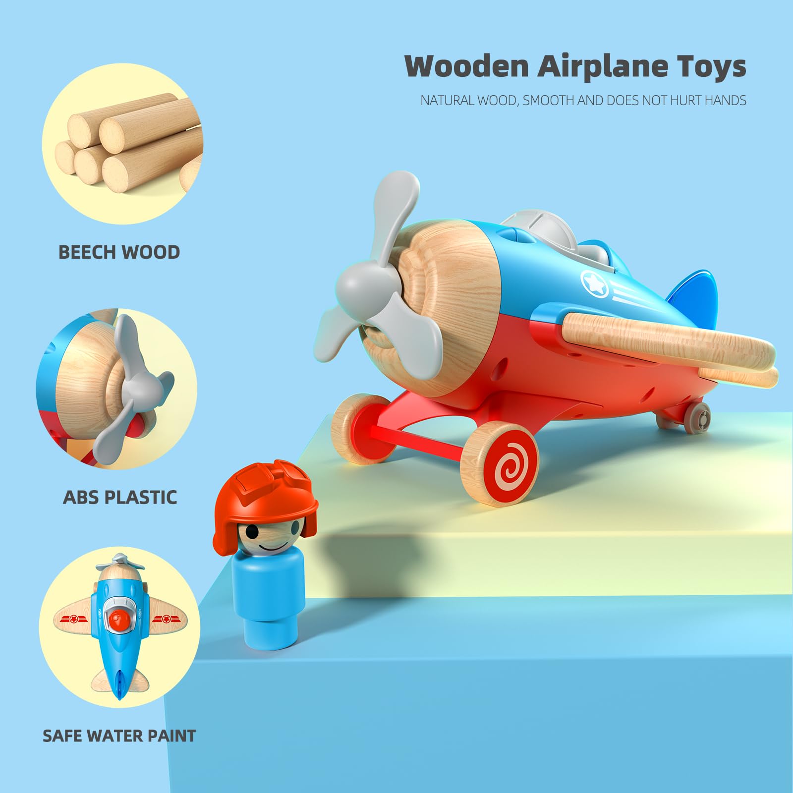 Wooden Airplane Toy for Kids - Educational Aviation Learning Toy with Sound & Light Effects, Wooden Truck Vehicle for Boys & Girls Ages 18 Months to 5 Years - Perfect for Pretend Play, STEM Learning & Birthday Gifts