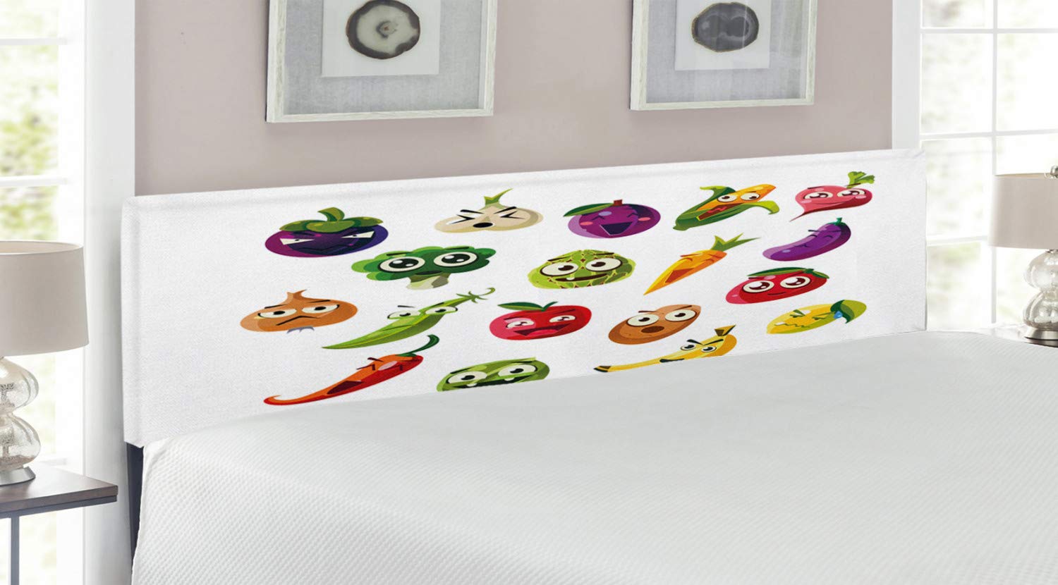 Ambesonne Emoticon Headboard - Fruits & Vegetables Cartoon Design (Carrot, Banana, Pepper, Onion, Garlic) - Upholstered Decorative Metal Bed Frame with Memory Foam - King Size Multicolor Headboard for Bedroom Decor & Kids Room