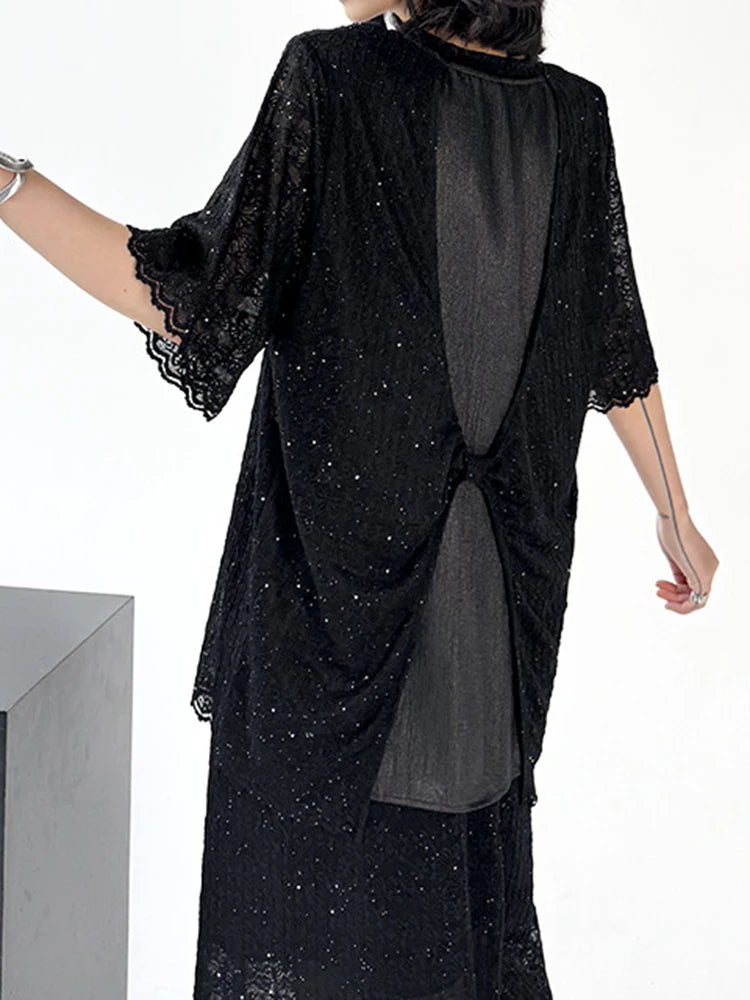 Black Lace T-Shirt & Back Slit Skirt 2-Piece Set - Round Neck Short Sleeve Women's Fashion Outfit for Spring Summer 2025 | Casual Wear, Date Night, Office Attire