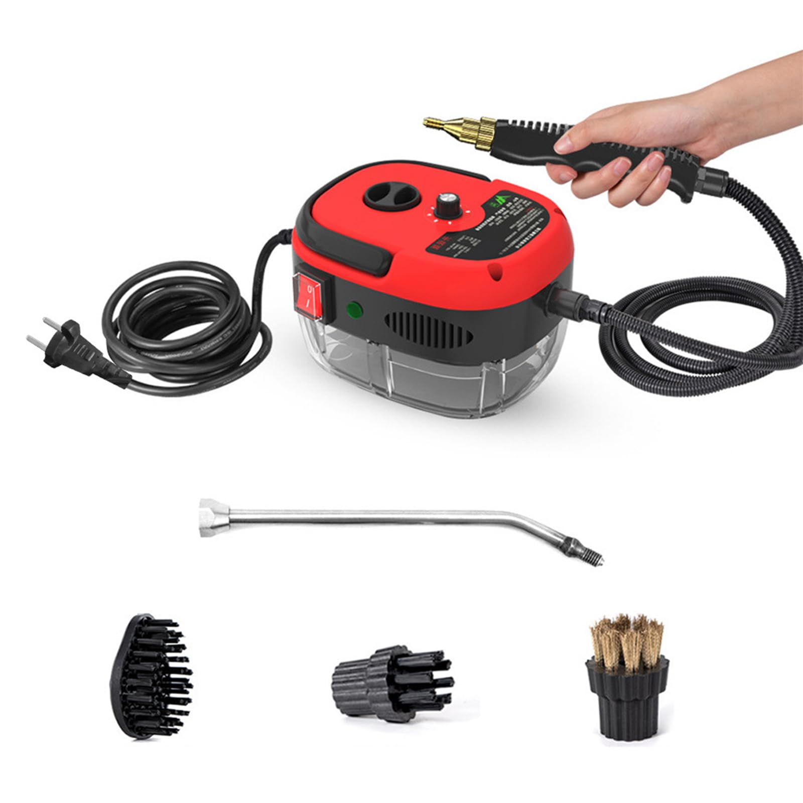 2500W High-Power Handheld Steam Cleaner with Strong Suction - Wireless Portable Steam Cleaner for Car Detailing, Home Furniture, Floors & More - Includes 1 Nozzle & 3 Brush Heads (Red) - Perfect for Deep Cleaning Cars, Upholstery, Kitchen Appliances & Hard-to-Reach Areas