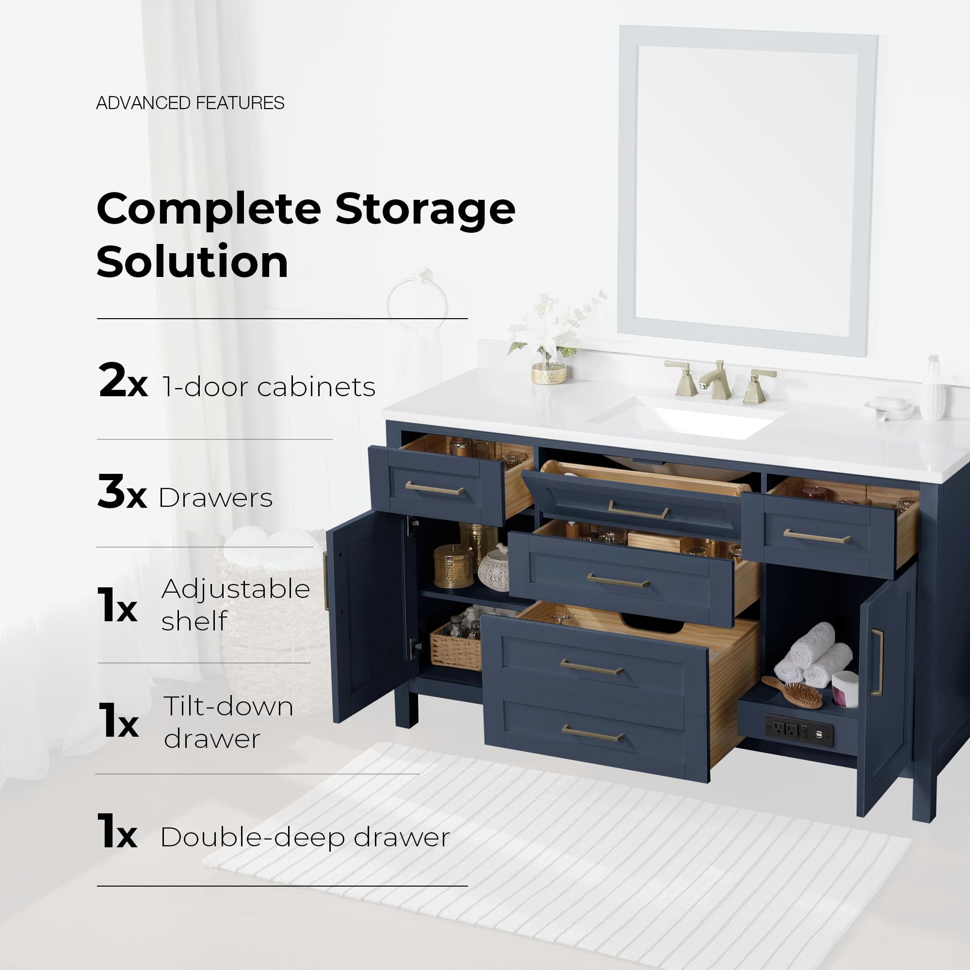 OVE Decors Tahoe II 60-Inch Single Basin Bathroom Vanity in Midnight Blue - Modern Bathroom Storage Solution for Small Spaces