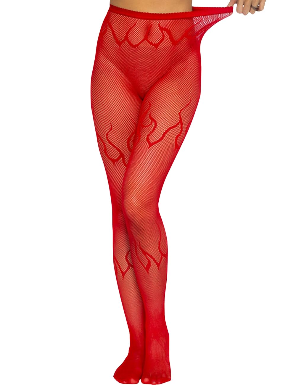 Sexy Fire Patterned Fishnet Tights for Women - Stretchy Elastic Pantyhose & Mesh Stockings with Blaze Design | Perfect for Halloween Costumes, Cosplay & Night Out Outfits