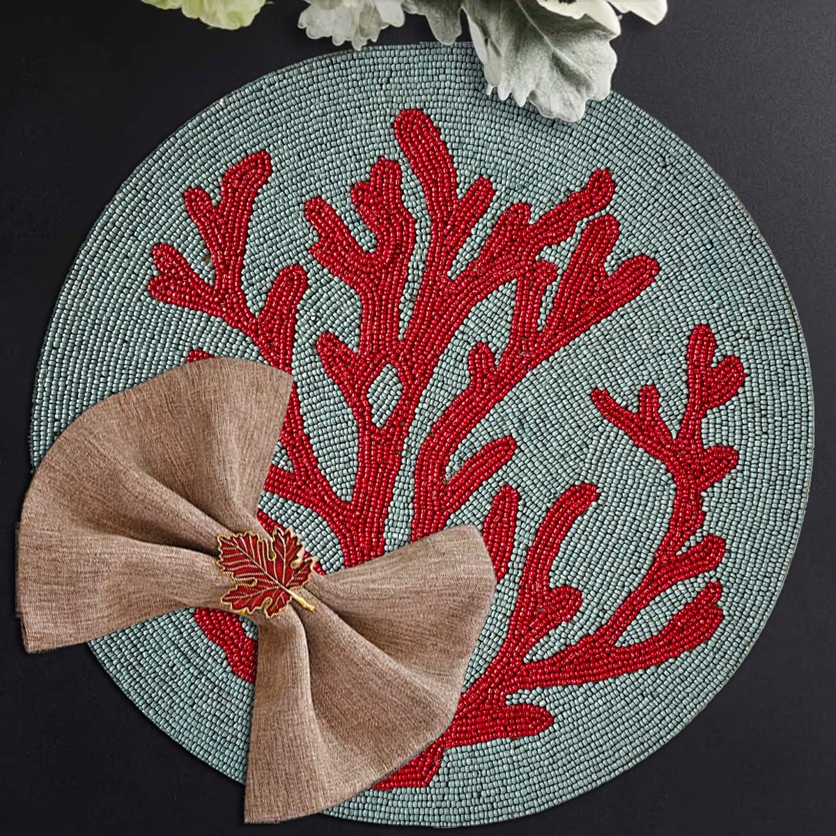 Decozen Round Beaded Placemats Set of 8 - 14 Inch Heat Resistant Charger Plates for Farmhouse Kitchen, Wedding & Valentine's Day Decor - Blue Teal Coral Home Decor | Perfect for Dinner Parties, Holiday Gatherings & Spring Table Settings