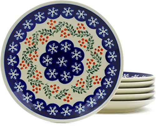 Authentic Polish Pottery 7½-inch Set of 6 Dinner Plates - Handcrafted Snowflakes Tree Design - Includes Certificate of Authenticity - Perfect for Holiday Dining, Gift Giving & Home Decor