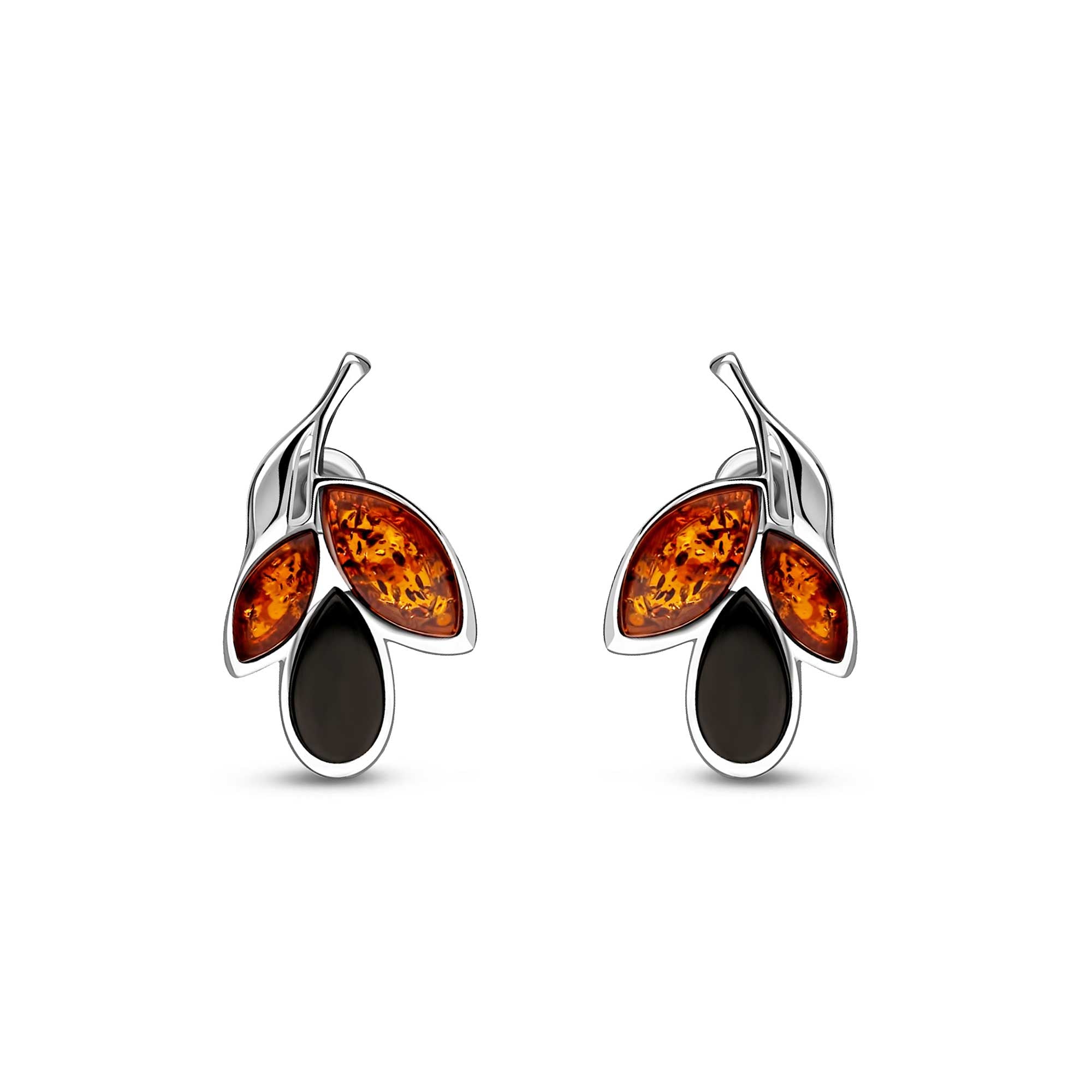 Whitby Jet & Amber Sterling Silver Three Leaf Stud Earrings - Elegant Nature-Inspired Jewelry for Women, Perfect for Everyday Wear & Special Occasions
