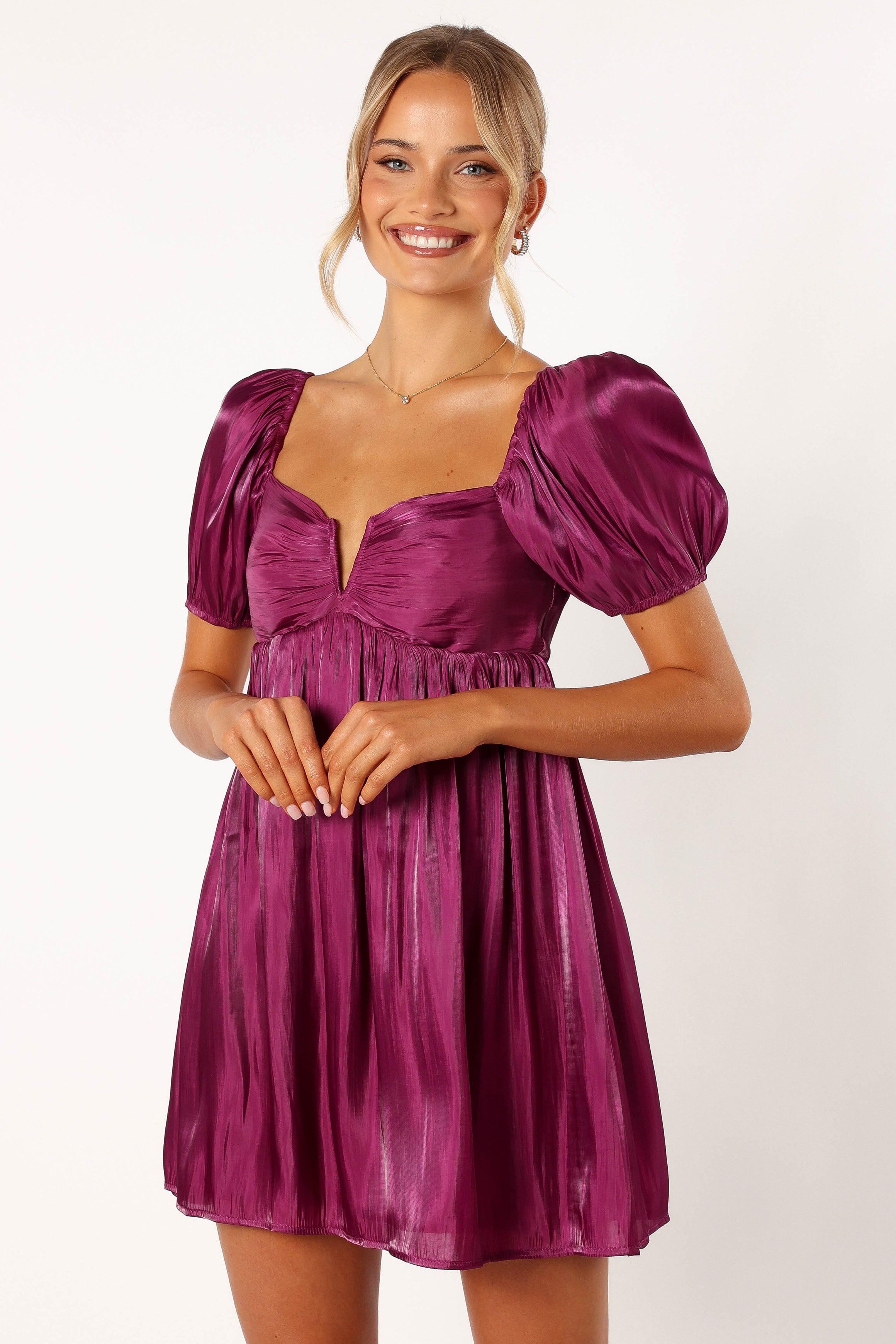 Ginger Mini Dress in Plum - Elegant Short Sleeve Bodycon Dress for Women | Perfect for Cocktail Parties, Date Nights & Summer Outfits