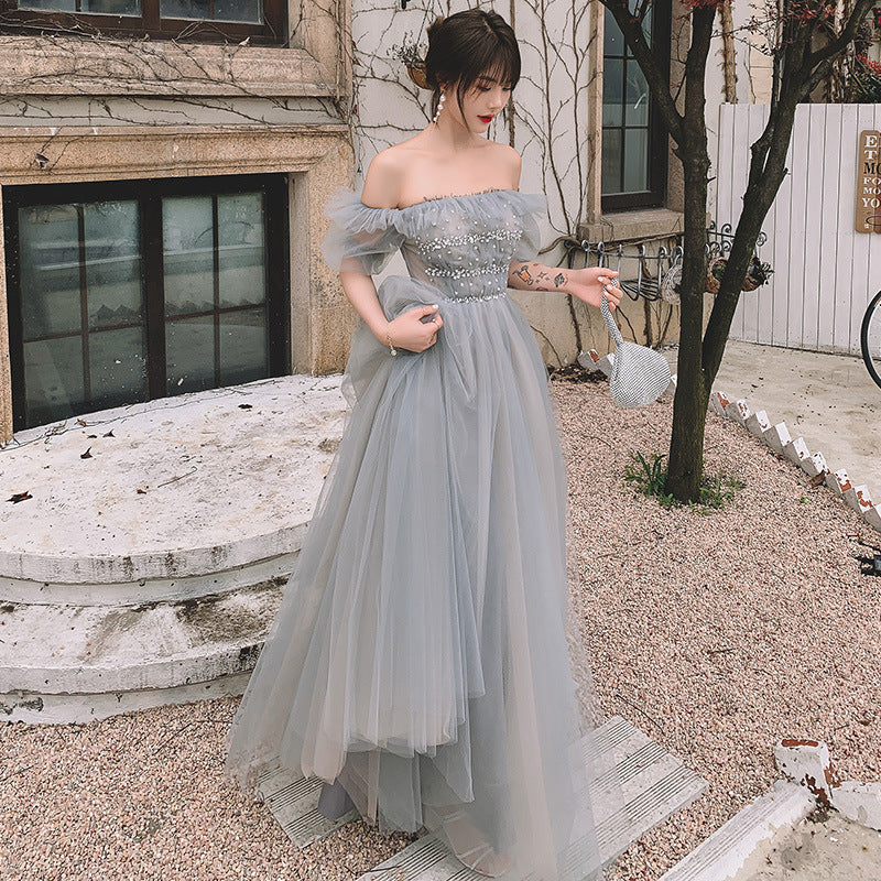 Elegant Off Shoulder Tulle Long Prom Dress in Gray Green - Formal Evening Gown for Homecoming, Wedding & Special Occasions | Style 299