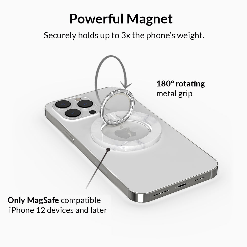 White Marble MagSafe Grip Ring - Magnetic Phone Holder for iPhone 12/13/14 Pro Max - Anti-Slip & 360° Rotatable - Perfect for Car Mount, Desk Stand & One-Handed Use