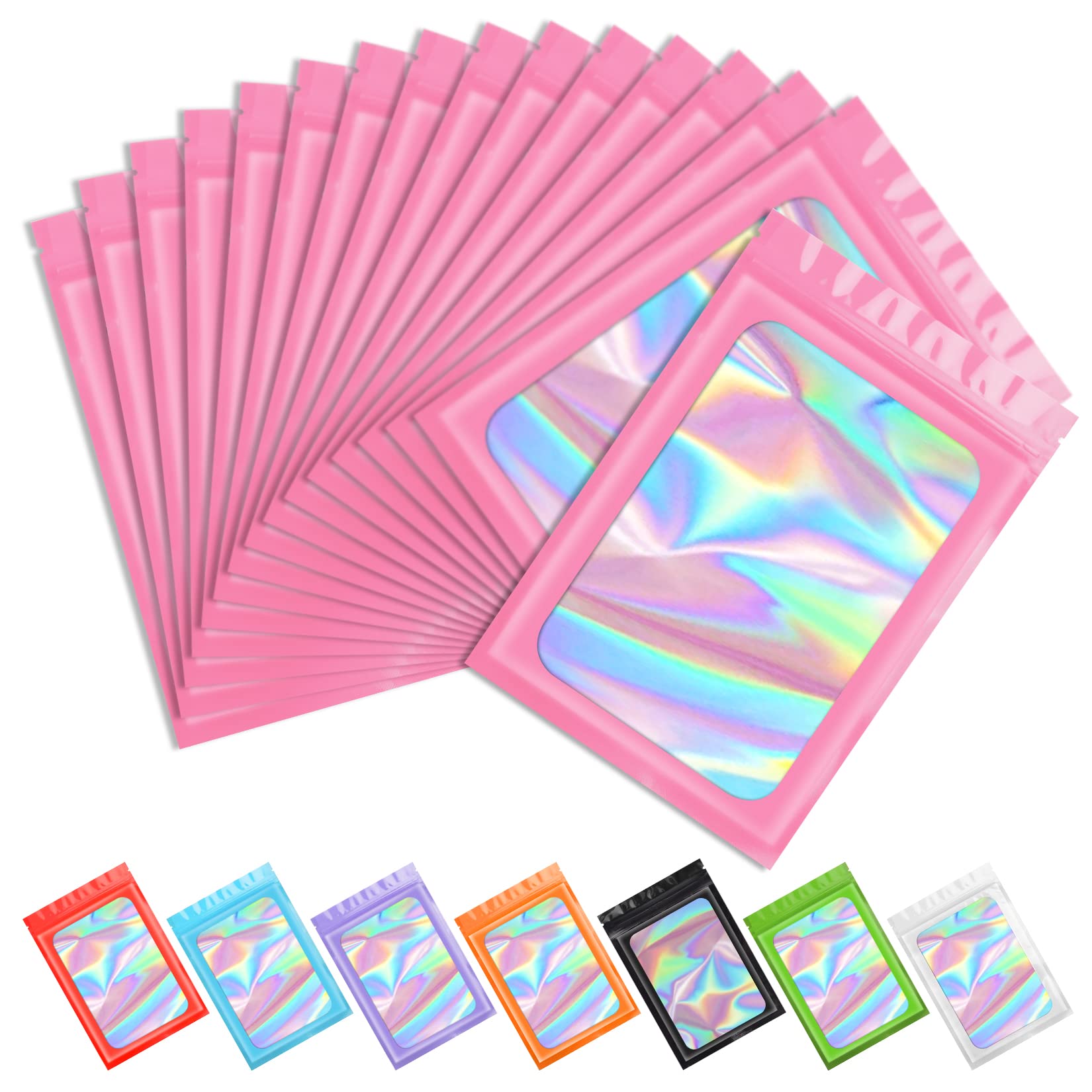 100-Pack Pink Smell Proof Mylar Holographic Bags - 5.5x7.9 Inch Resealable Odor Proof Foil Pouch for Food Storage, Lip Gloss, Jewelry & Eyelash Packaging - Perfect for Small Business & Home Organization