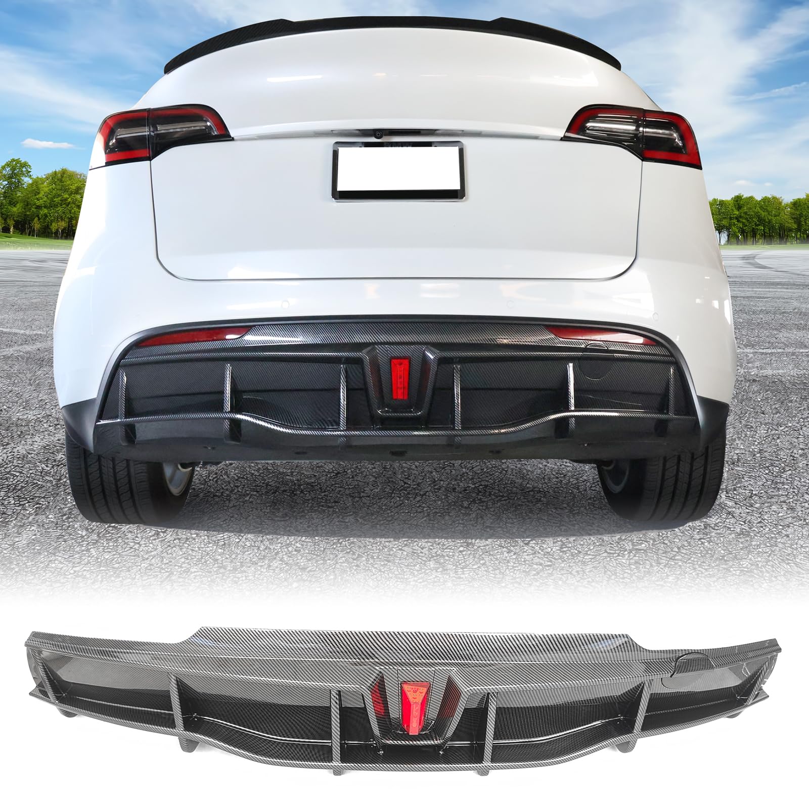FREEMOTOR802 Carbon Fiber Rear Diffuser for 2020-2024 Tesla Model Y - PP IKON Style Bumper Protector with LED Lights | Sporty Upgrade & Enhanced Protection for Daily Driving & Car Shows