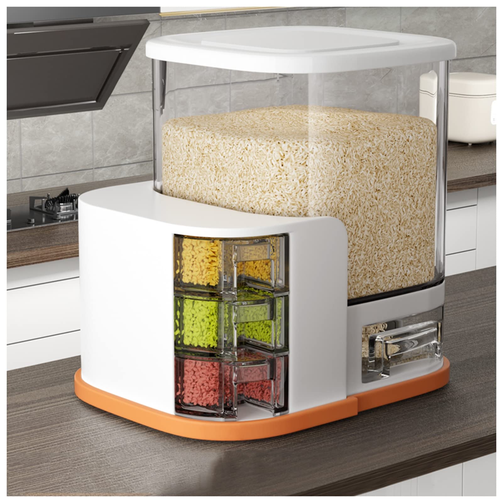 RONVEI Automatic Cereal Dispenser - Multi-Compartment Dry Food Storage Container with Sealed Lid for Rice, Grains & Snacks - Perfect for Kitchen Countertops, Pantry Organization & Restaurant Use - Orange