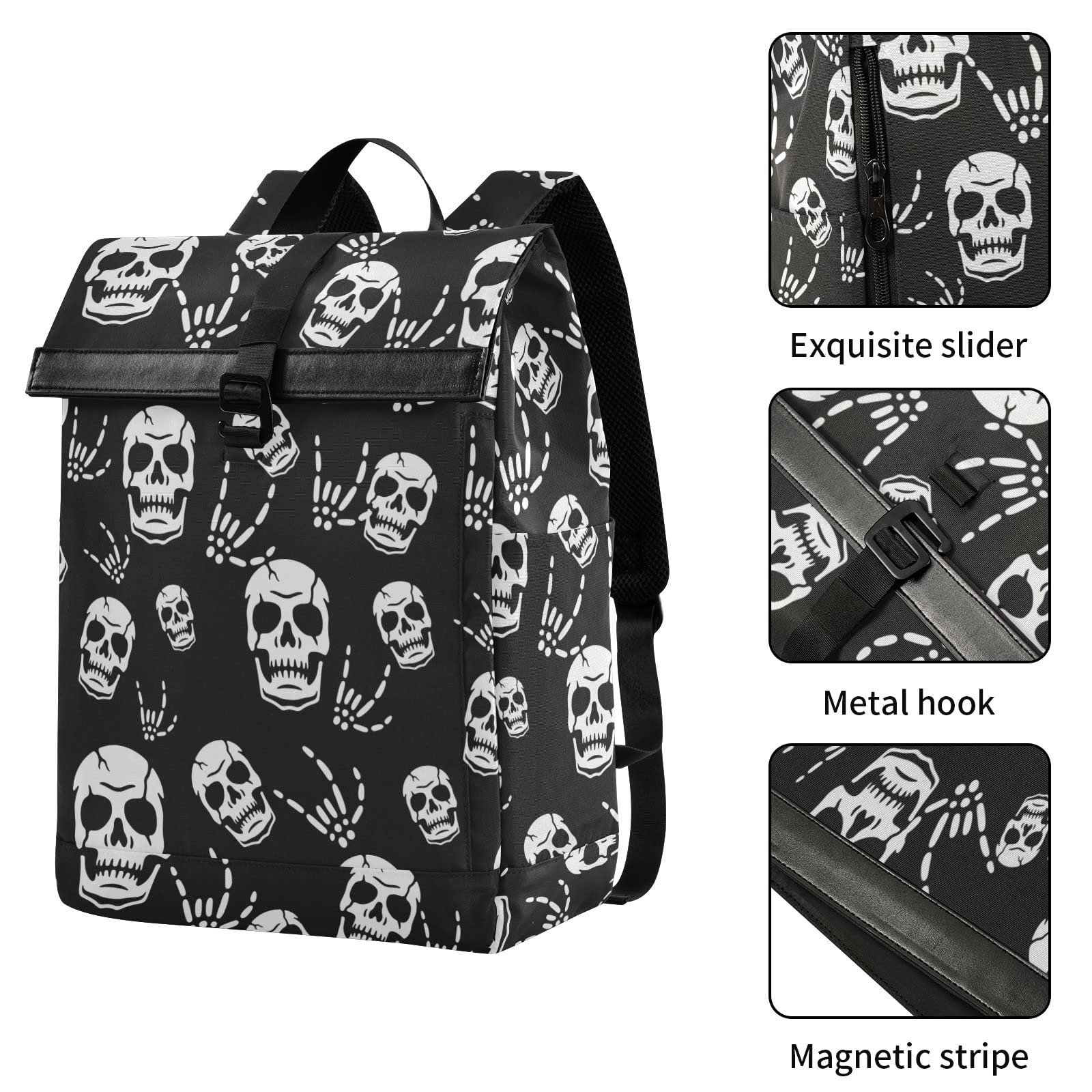 Gothic Skeleton Roll Top Backpack for Men - Expandable Waterproof Laptop Backpack with USB Charging Port - Perfect for Travel, Work, College & Daily Commute