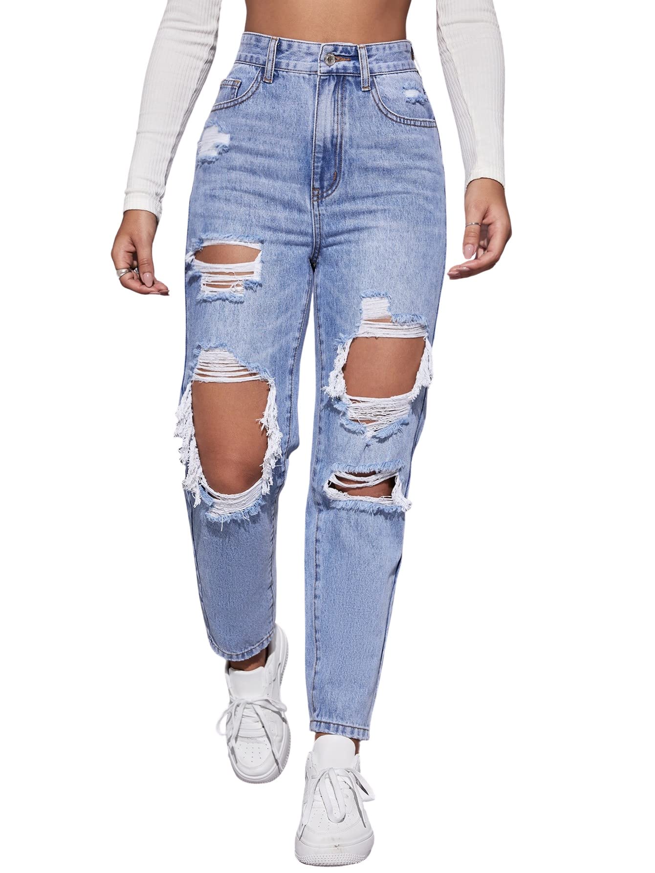 MakeMeChic Women's High Waist Straight Leg Ripped Jeans - Distressed Denim Pants for Casual Wear, Street Style & Everyday Outfits | Trendy Vintage Look for Women