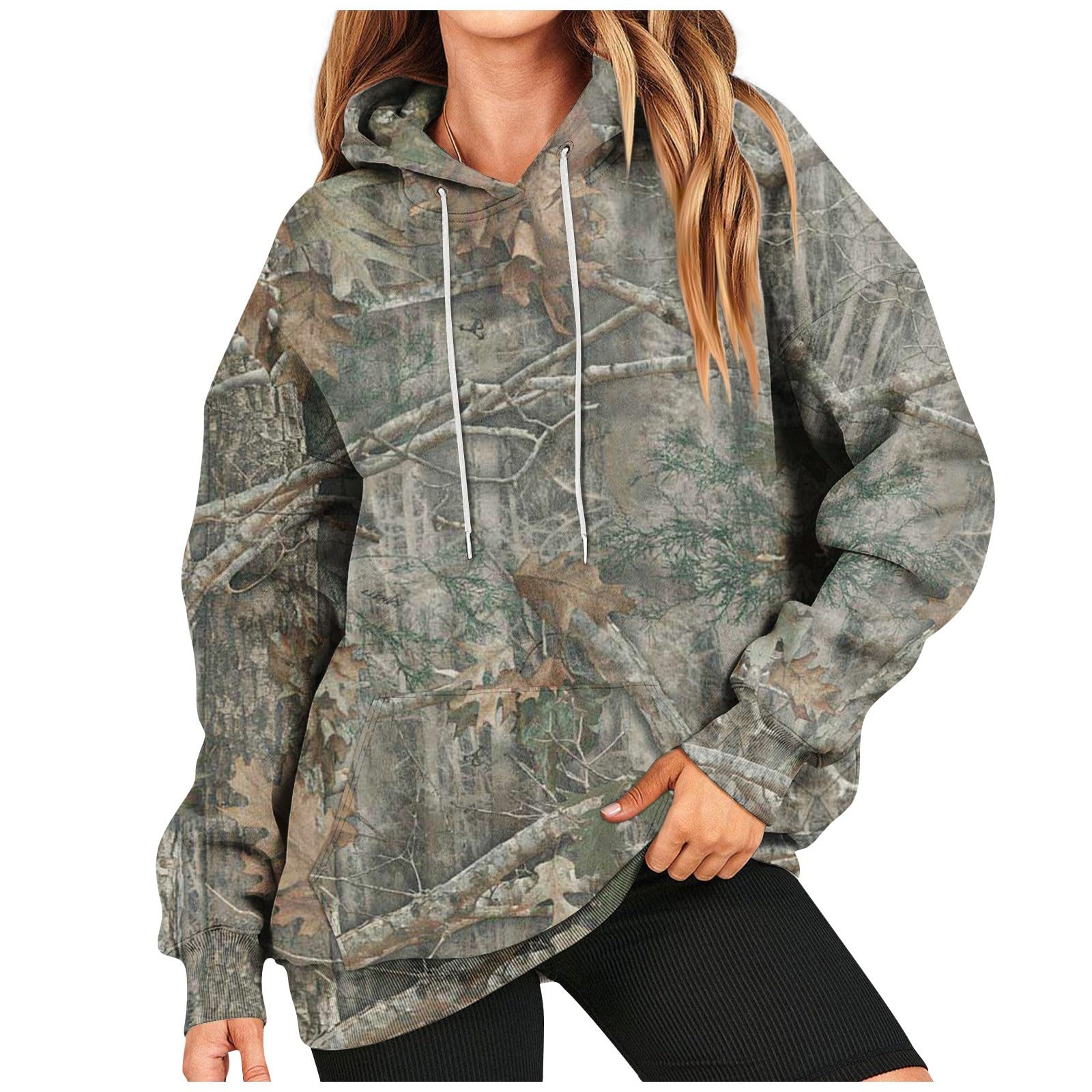 Women's Camo Hoodie with Maple Leaf Print - Long Sleeve Fleece Pullover with Drawstring for Fall & Winter | Cozy Outdoor Wear, Casual Street Style, Camping & Hiking Apparel