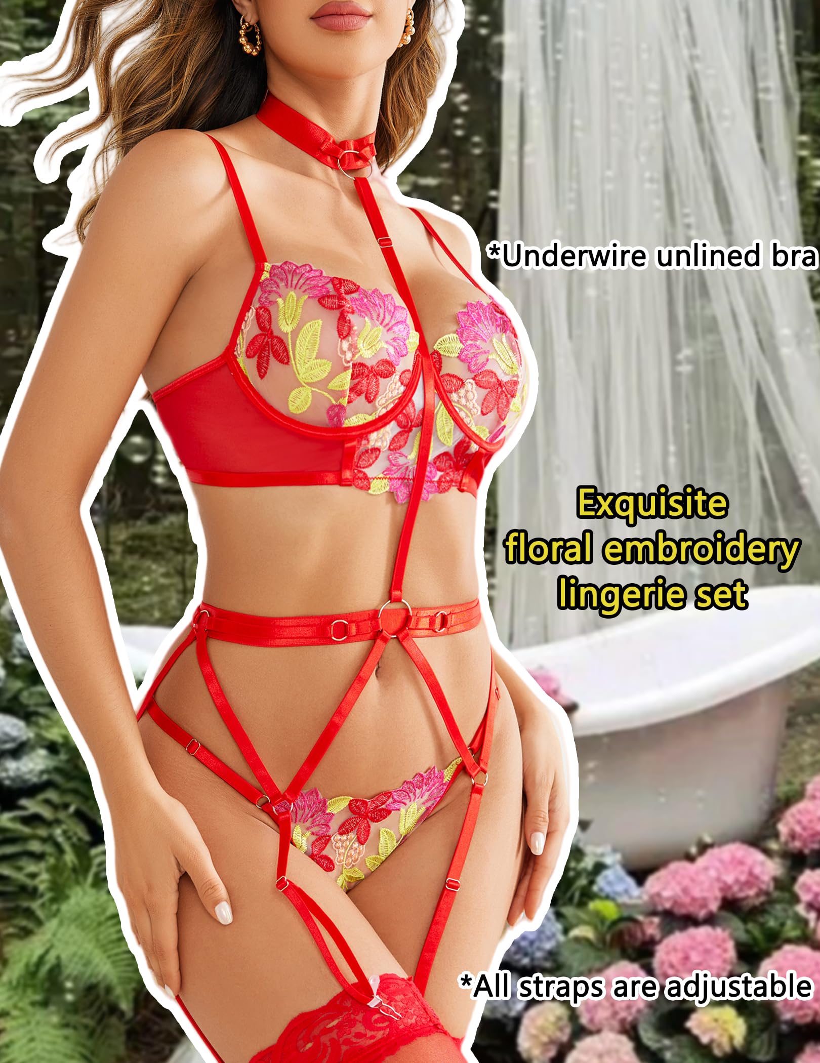 **Avidlove Women's Sexy Floral Embroidered Lingerie Set with Removable Choker & Underwire - No Stockings | Valentine's Day, Bridal, Boudoir, Romantic Gift**