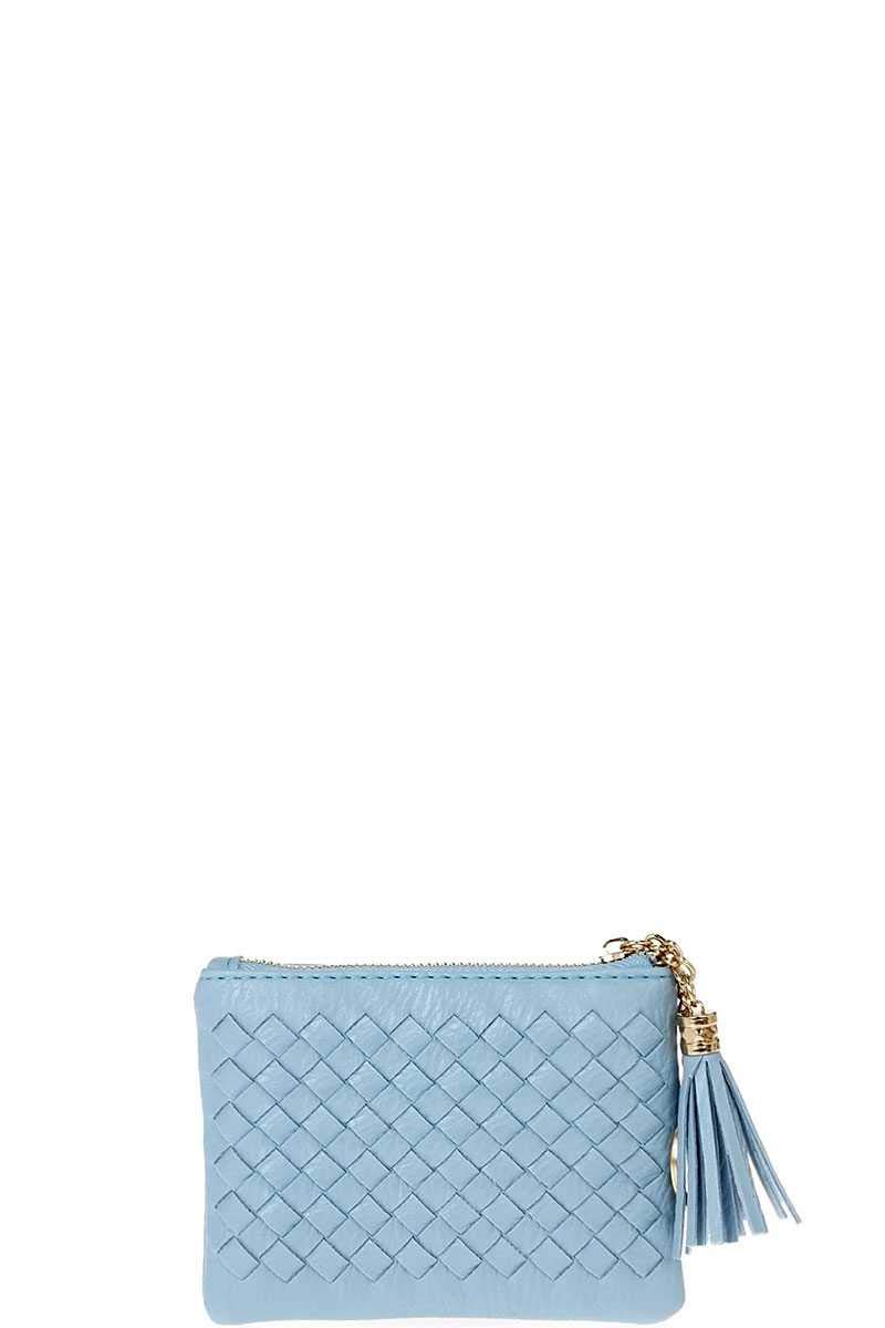 Braided Zip Top Coin Key Wallet for Women - Stylish Blue Leather Card Holder for Cash, Keys & Coins | Perfect for Everyday Use, Travel & Gifting