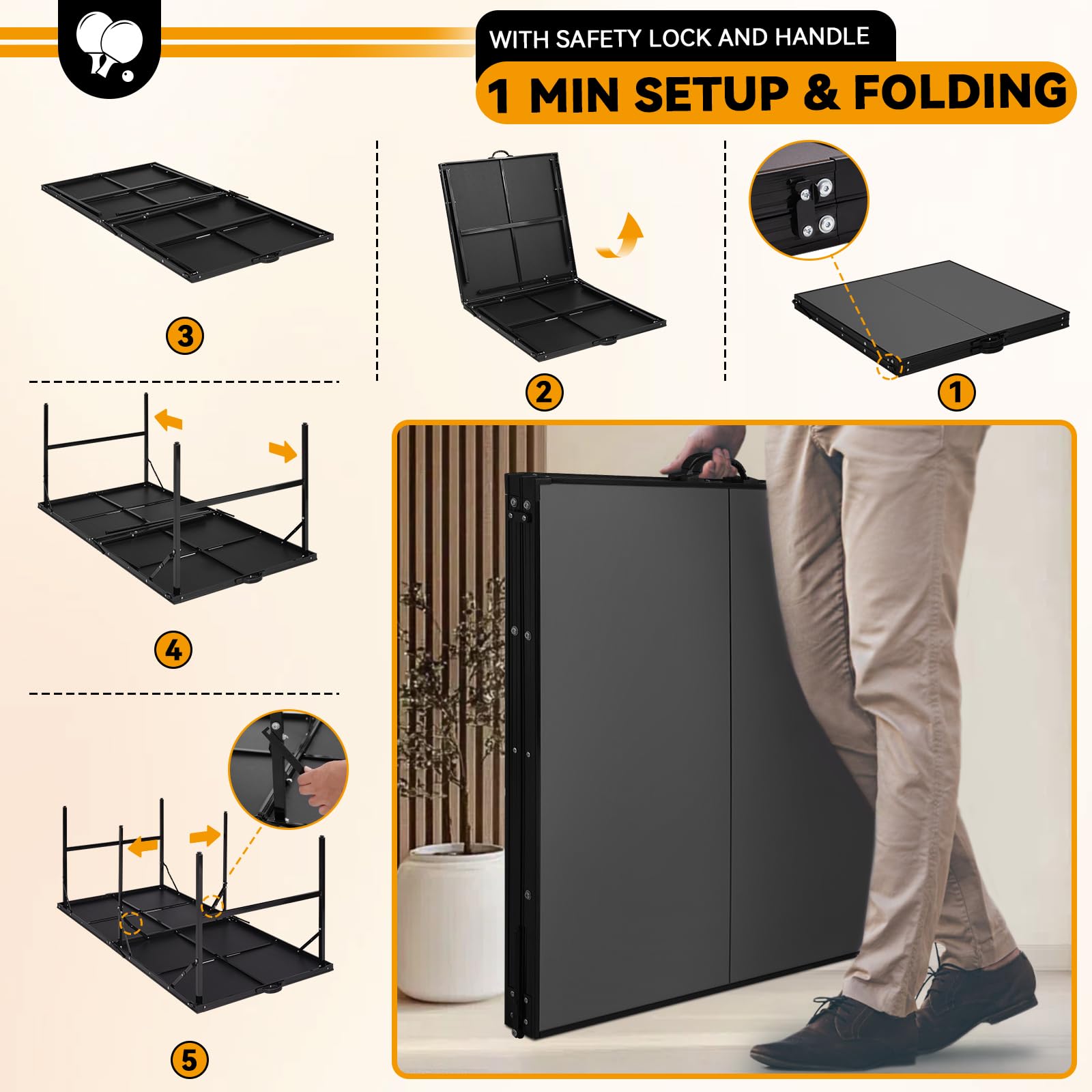 6x3 ft Portable Ping Pong Table - Indoor/Outdoor Folding Table Tennis Set with 2 Paddles, 2 Balls & Adjustable Net | Sturdy Iron Frame for Backyard, Game Room & Patio Fun