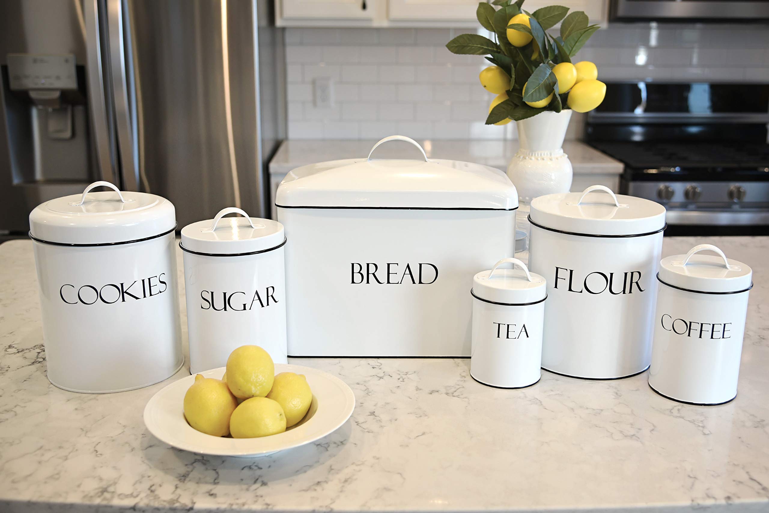 Premium White Bread Box, Cookie Jar, 3-Piece Canister Set & Flour Canister - Kitchen Storage & Organization for Baking Essentials | Perfect for Pantry, Countertop & Home Decor