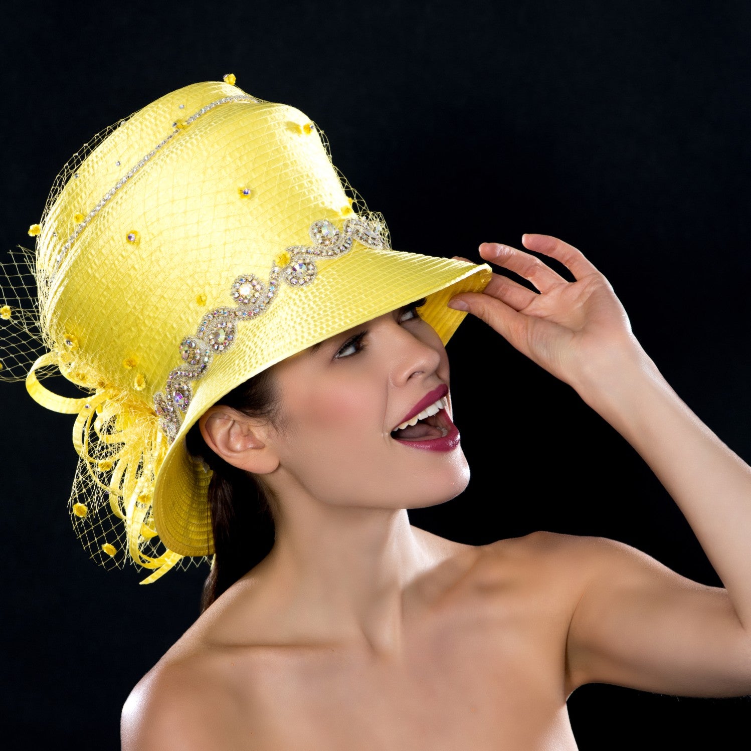 OE66521 Yellow Satin Dress Hat with Diamond Trim - Elegant Women's Fashion Hat for Weddings, Parties & Special Occasions
