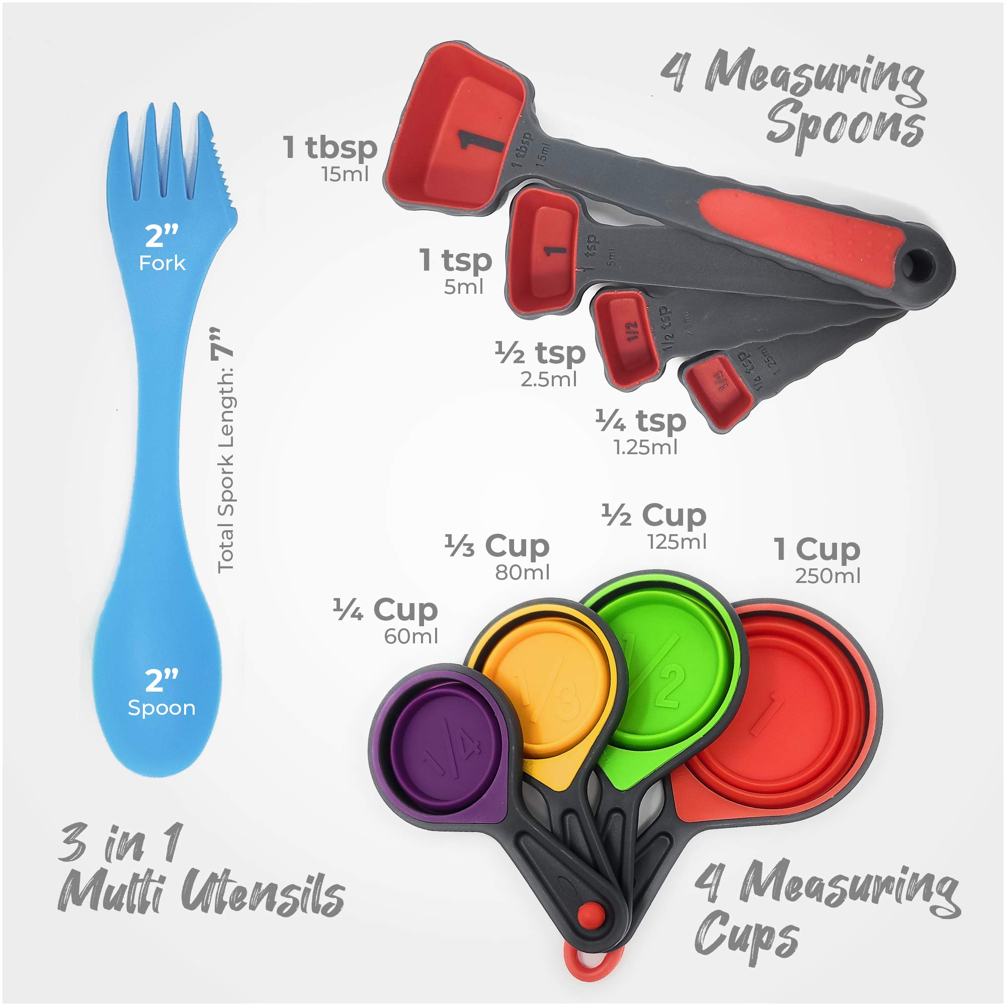 Collapsible Silicone Food Storage Containers 16-Piece Set with Lids - BPA-Free, Space-Saving Kitchen & Travel Essentials - Includes Measuring Cups, Spoons & Sporks - Perfect for Meal Prep, Camping & On-the-Go Lifestyles
