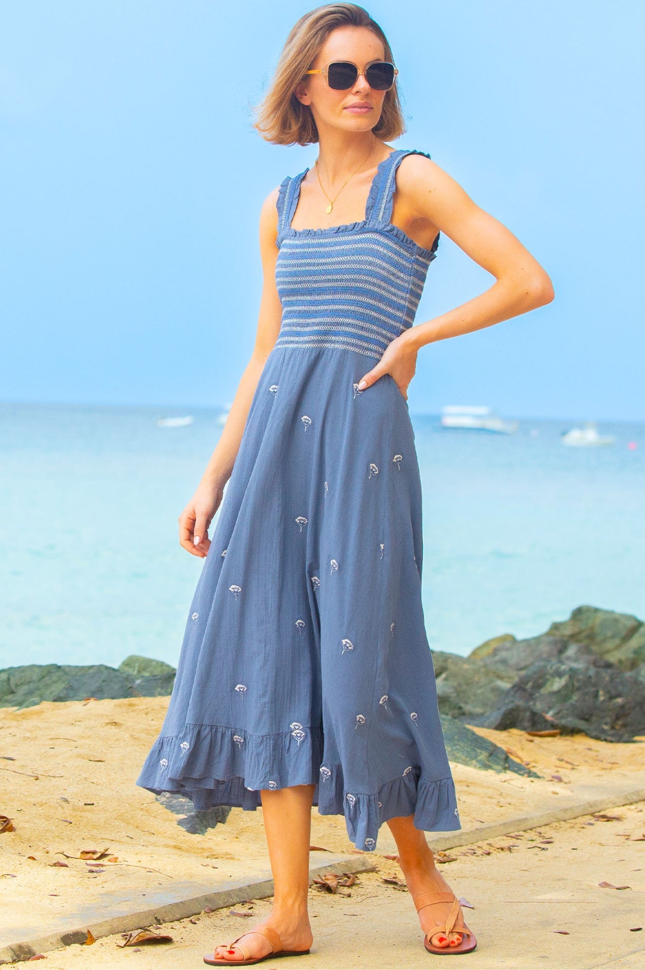 Rhianna Embroidered Floral Dress for Women - Blue, Grey & White Color Options | Perfect for Summer Parties, Weddings & Casual Outings