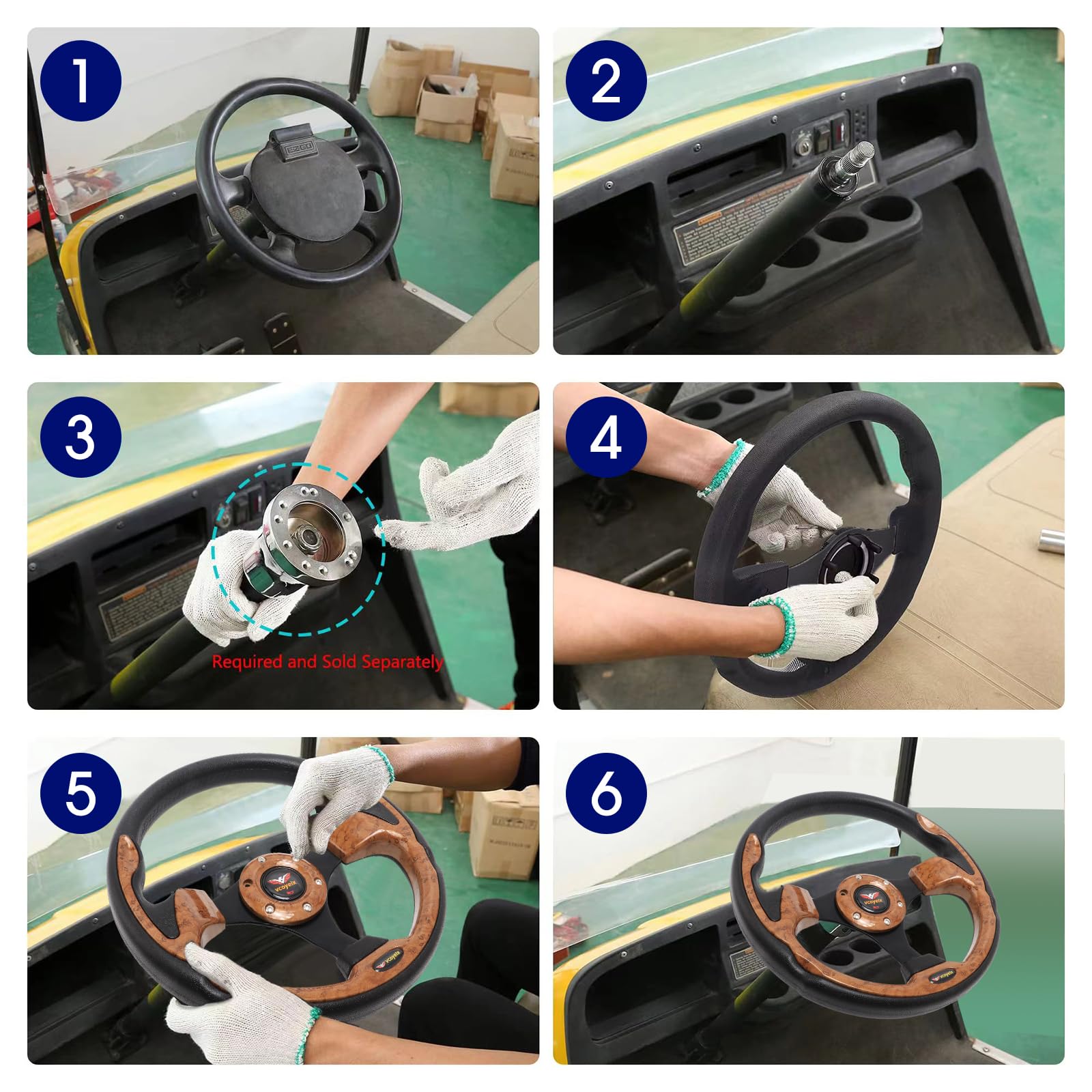 12.5 Inch Golf Cart Steering Wheel - Universal Fit for Yamaha, Club Car DS Precedent Tempo, EZGO TXT RXV - Wood Grain Racing Style - Perfect for Golf Cart Upgrades & Customization