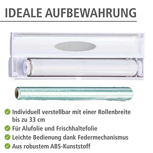 WENKO Plastic Wrap Dispenser with Built-in Cutter, Aluminum Foil & Saran Film Holder for Kitchen Organization, Refillable & Space-Saving (14.96 x 2.05 x 2.64 Inches, White) - Perfect for Food Storage, Meal Prep & Countertop Organization
